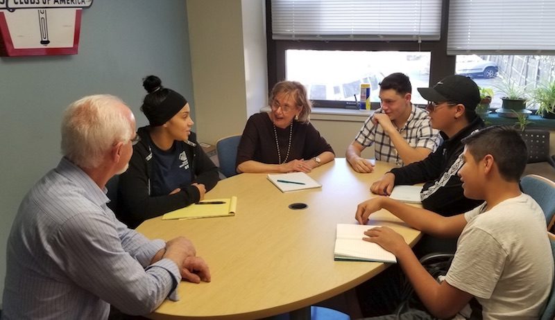Teens from the Waltham Boys and Girls Club meet with John Riordan, director of community relations and partnerships and Jane Venti, senior director for Boston Children’s at Waltham