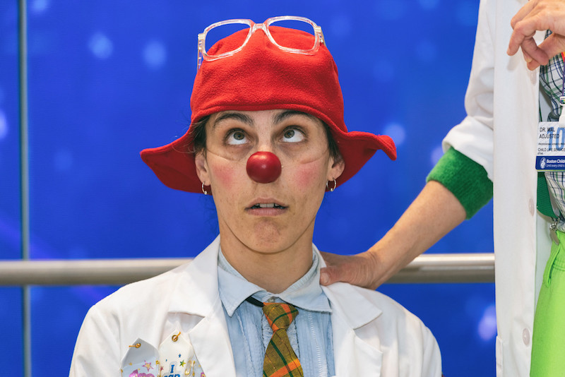 Dr. Bucket Buster, a clown at Boston Children's, makes a funny face.