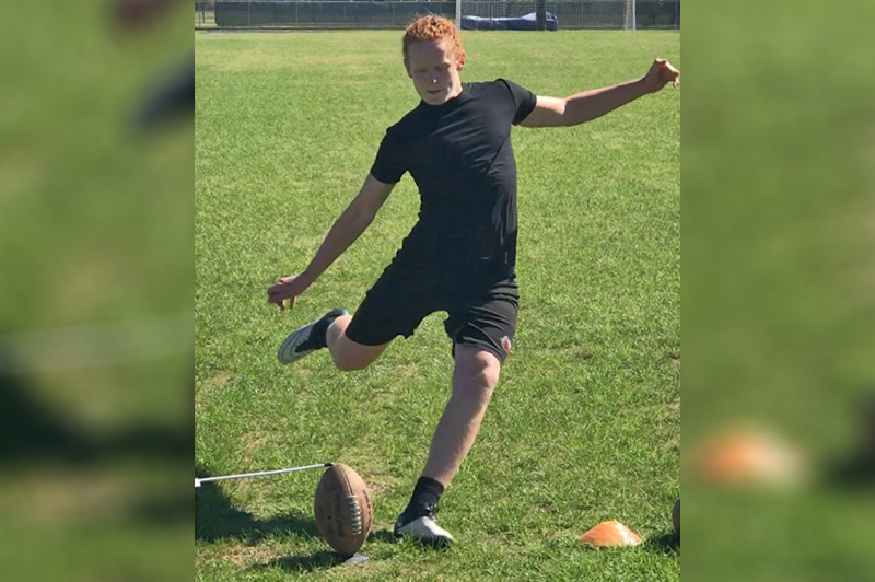 Ryker, who had surgery for osteochondritis dissecans, practices field goals.
