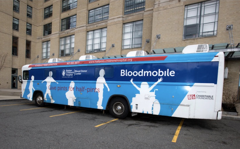 Bloodmobile parked near Boston Children's Hospital