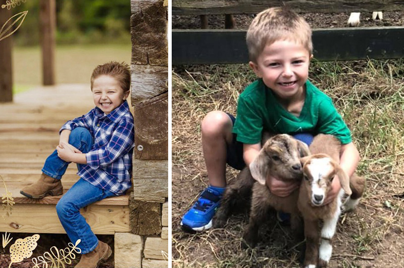 boy with esophageal poses with his pet goats