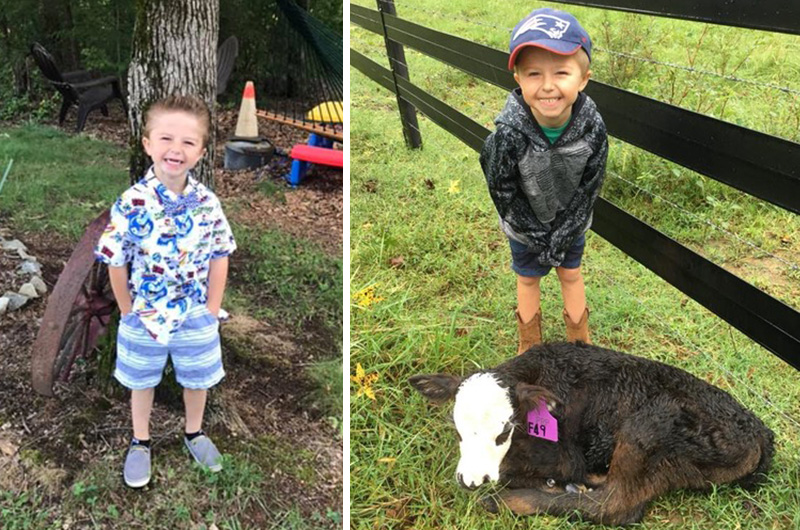 boy with esophageal atresia poses with a calf on his family's farm