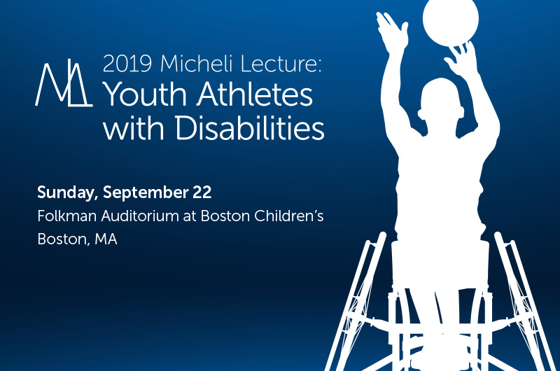 2019 Micheli Lecture postcard with an image of a wheelchair athlete playing basketball.