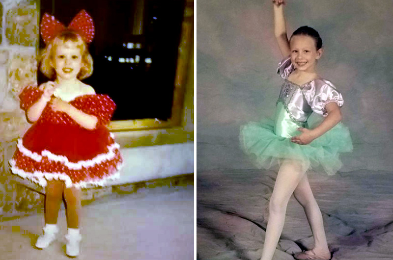 Photos of Nicole, who had surgery for hip dysplasia. In one, she is wearing a red dance costume. In another, she wears a green and silver costume. 