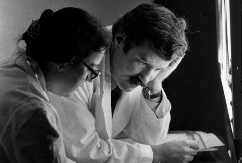 A photo of Dr. Van Praagh in 1975, working with colleague Dr. MacDonald Dick III