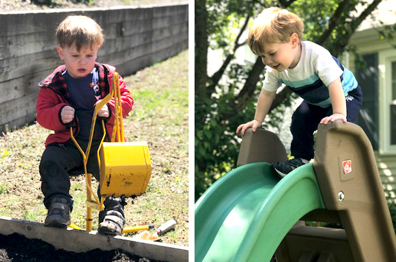 Colin, who has hemophilia, playing with a toy backhoe and preparing to slide down a slide. 