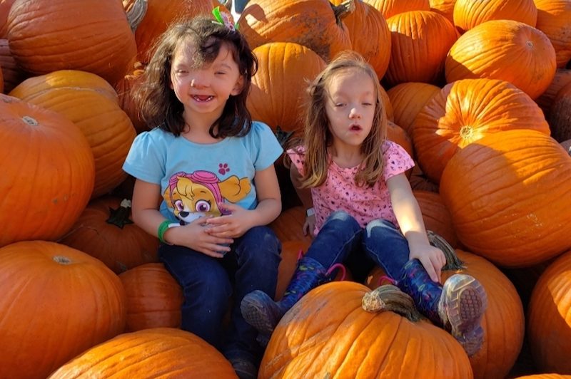 Violet, who had surgery for a craniofacial anomaly, sits in a pumpkin patch with her sister, Cora