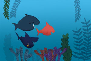 an illustration of baby shark and family swimming in ocean