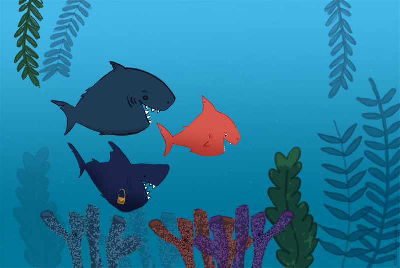 an illustration of baby shark and family swimming in ocean