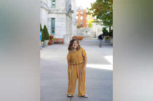 Maria, who was born with amniotic band syndrome, stands proudly outside of Boston Children's Hospital.