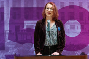 Ava, who has anxiety issues, speaks at a conference