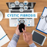 Cystic fibrosis banner is centered in front of a laptop and surrounded by tiny icons representing different health aspects of the condition, also with the hands of a person typing on mobile phone, and an iPad nearby.