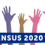 Drawing showing arms and hands in different colors with a band that says census 2020.