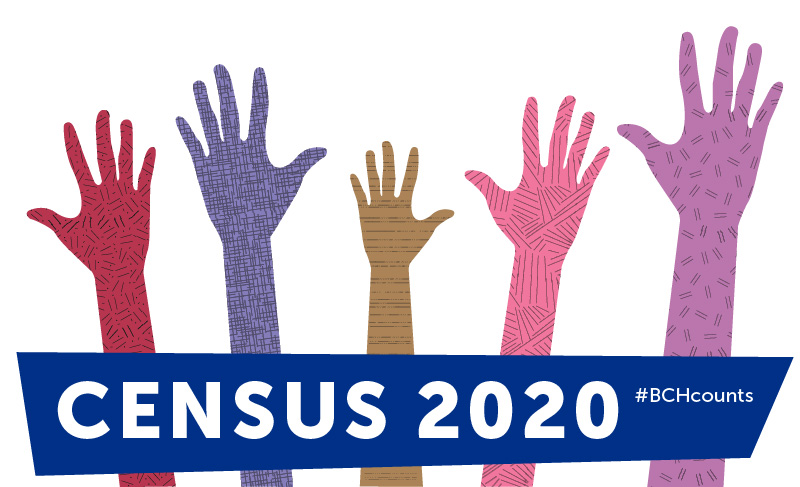 Drawing showing arms and hands in different colors with a band that says census 2020.