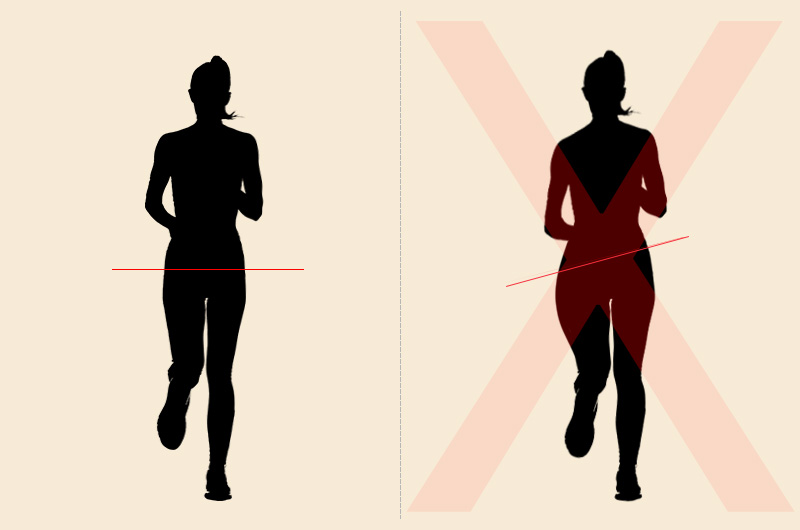 Comparison of good and bad running form: a runner with level hips and a runner dropping their hip. 
