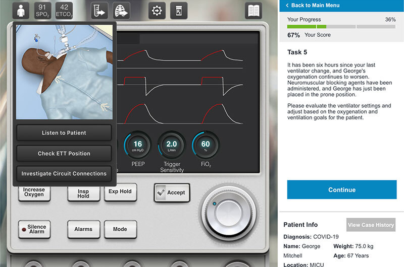 Another view of the ventilator simulator shows ventilated patient, vitals, and ventilator controls.