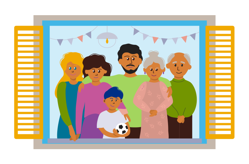 illustration of three generations standing close together inside
