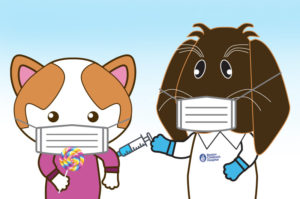 A cartoon cat receives a vaccine from a cartoon doctor dog