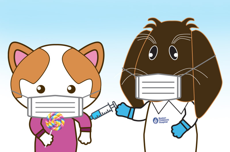 A cartoon cat receives a vaccine from a cartoon doctor dog