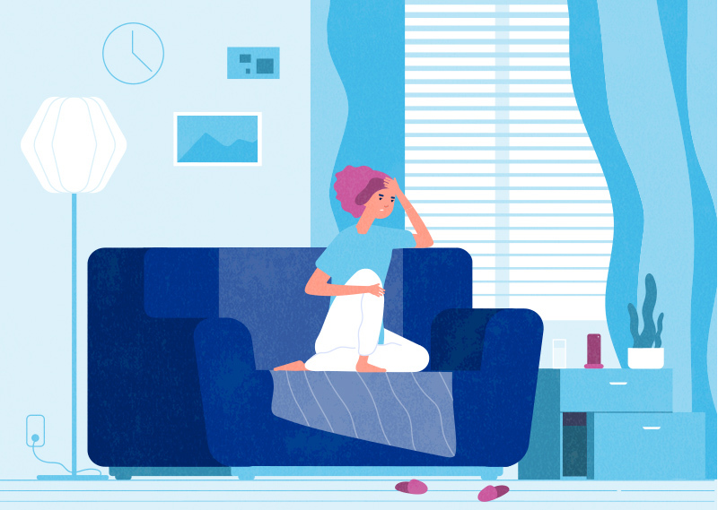 Illustration of woman sitting on a couch, looking upset