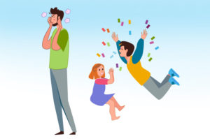 Illustration of kids driving a dad crazy with yelling and jumping