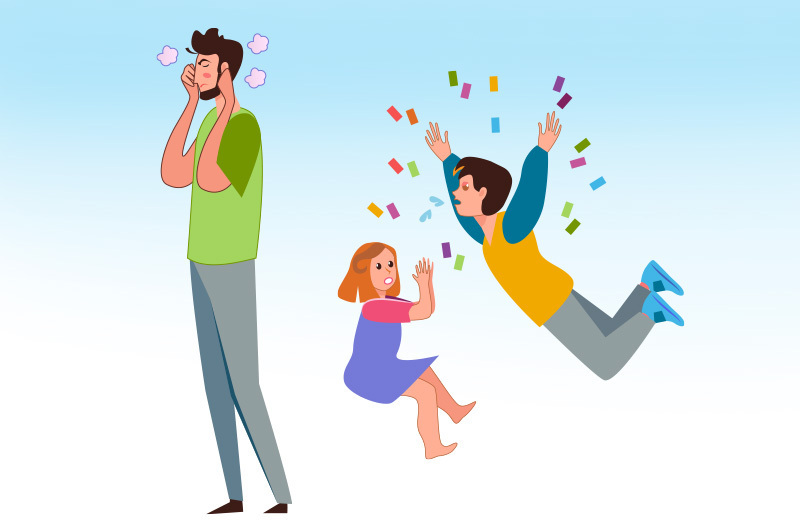 Illustration of kids driving a dad crazy with yelling and jumping