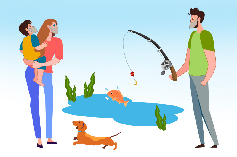 Illustration of a family fishing, all wearing masks. 