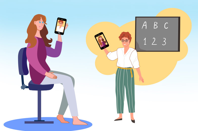 Illustration of a parent and teacher connecting by phone