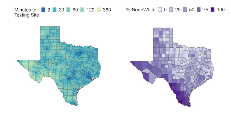 Maps of travel times to COVID testingand percentage of nonwhites in Texas.
