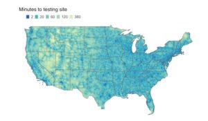 US map of minutes to COVID-19 testing sites