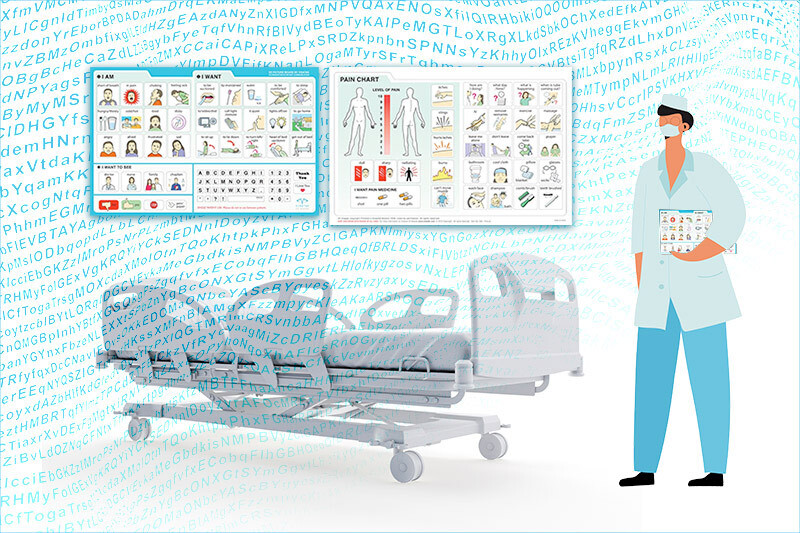Illustration of doctor in front of bed with charts showing symbols to help COVID patients communicate