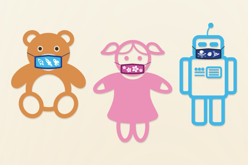 cartoon drawing of teddy bear, doll, and robot