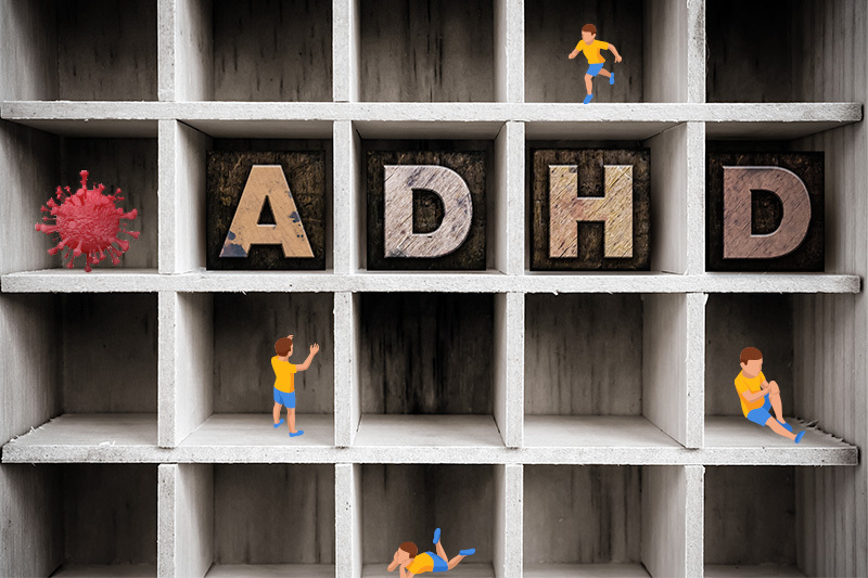 ADHD letters , COVID virus, and illustrations of children in separate boxes