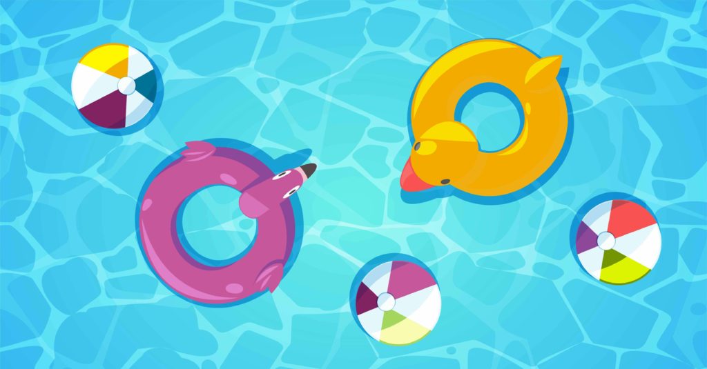 Cartoon image of toys in pool.