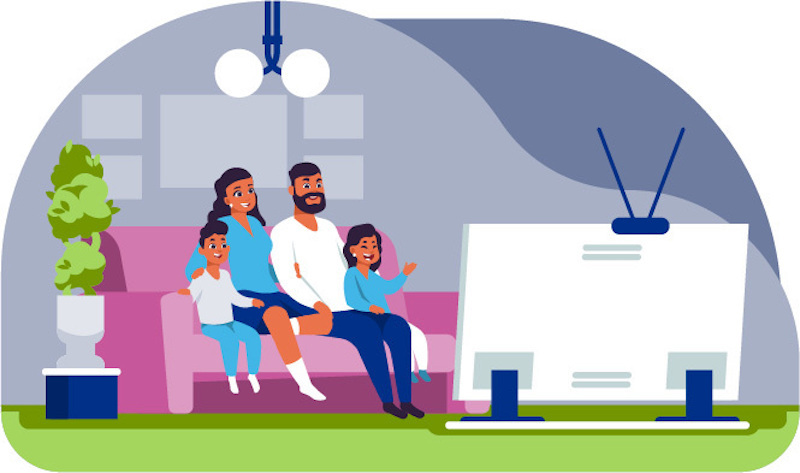 cartoon image of family watching TV together