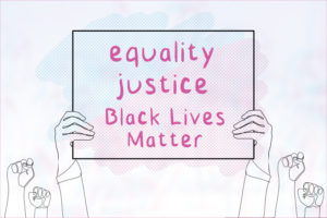 image of hands holding sign that reads: Equality, justice, black lives matter