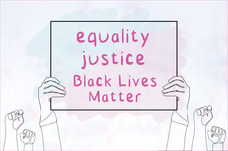 image of hands holding sign that reads: Equality, justice, black lives matter