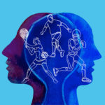 Outline of two heads with line drawings of athletes at play