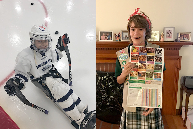 Nolan in his sled hockey gear. Natasha in her Girl Scout uniform. Both kids had limb-salvage surgery after being diagnosed with bone cancer. 