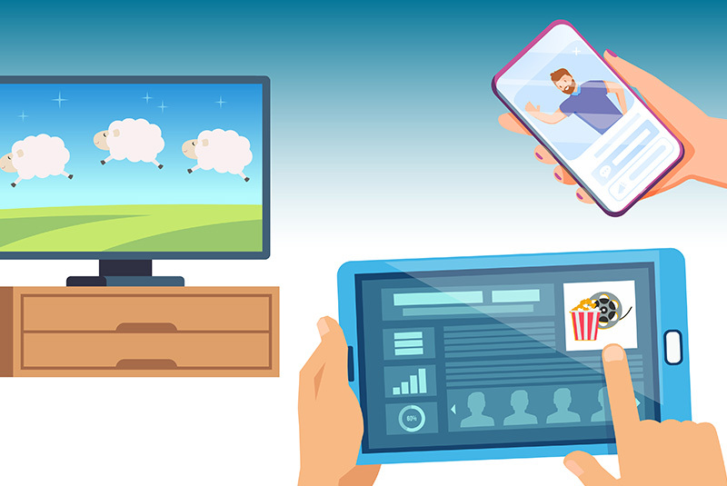 Image of different screens: a TV, a mobile device and a gaming device. 