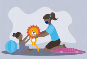 Illustrating of babysitter with mask in COVID handing stuffed lion to small child.