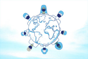 globe encircled with masked faces