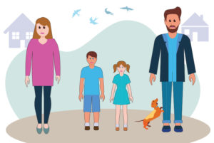 Illustration of mother and father with two kids standing in the middle.