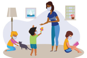 Drawing of a childcare provider in COVID-19 wearing a mask and talking to three children with masks who are socially distancing around her.