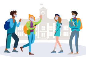 Cartoon image of college students outside campus building wearing masks.