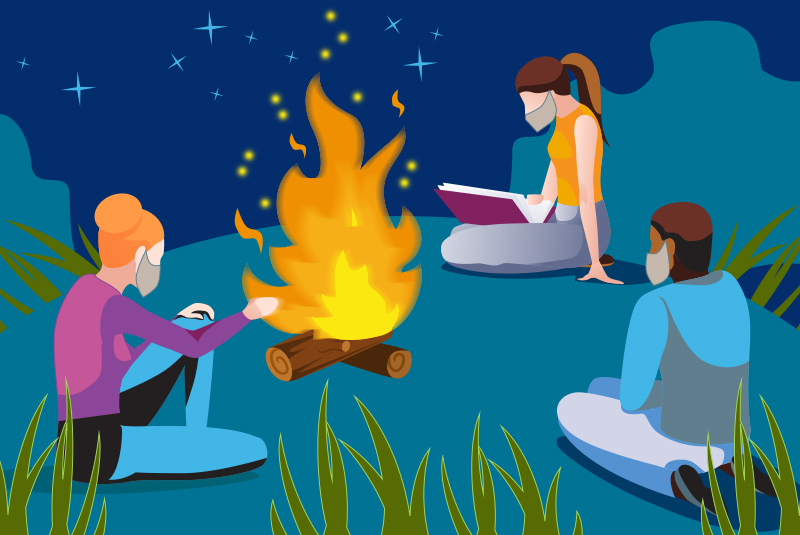 cartoon of young adults sitting around campfire with masks to protect against COVID-19