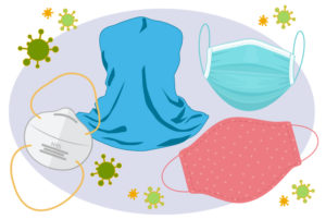 several types of masks surrounded by virus particles