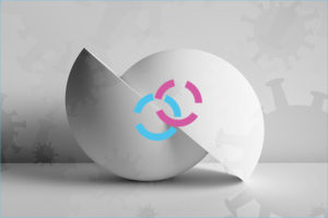 two halves of a white sphere not quite making a whole with artistic images of COVID-19 virus in the background