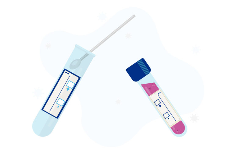illustration of nasal swab and blood sample in test tubes