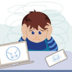 Cartoon of boy looking upset in front of computer and cell phone with mean emojis